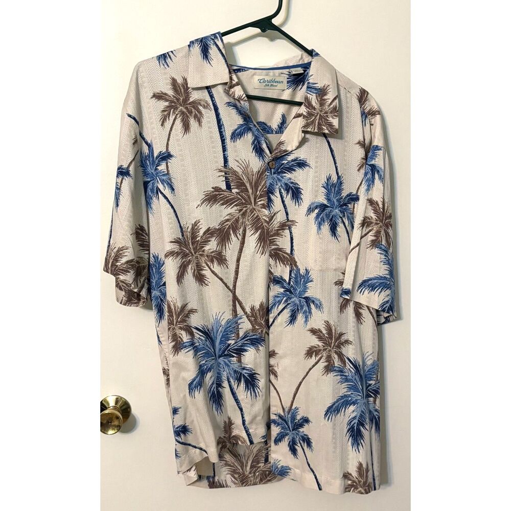 Caribbean Silk Blend Hawaiian Palm Tree Camp Shirt XL Tropical Resort Vacation